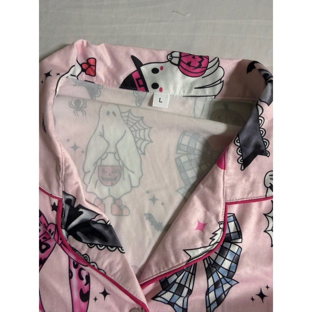 Pink Halloween Ghost Bow Pajama Set Short Sleeve Button Down Shorts Womens Large - Picture 4 of 11